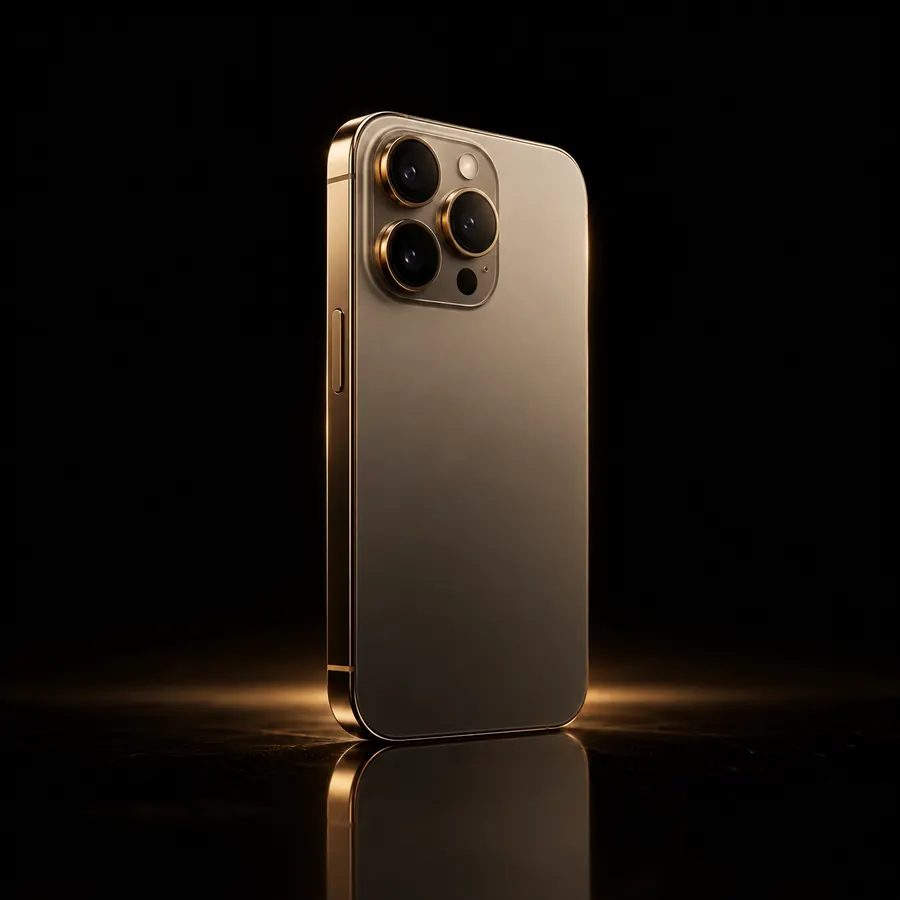iPhone dourado visto de trás, com o módulo de três câmeras.