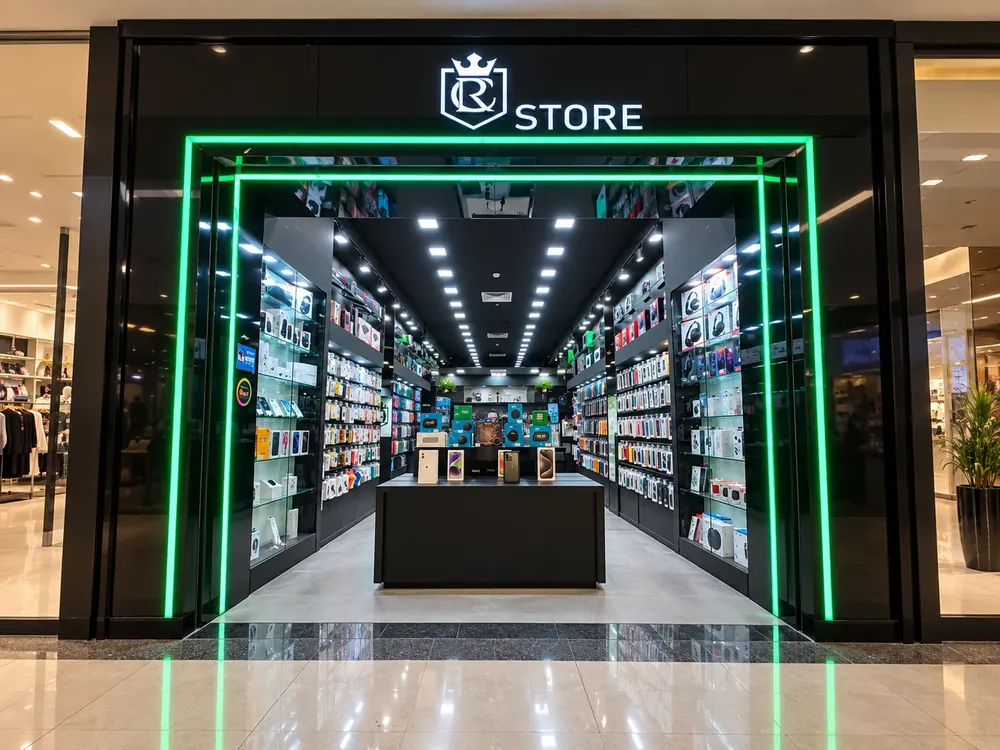 Fachada da RC Store no Colinas Shopping, com prateleiras de celulares e acessórios.