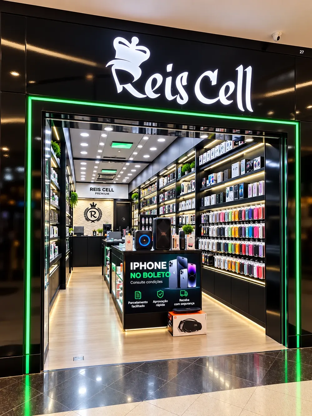 Fachada da Reis Cell no Taubaté Shopping, com a vitrine de iPhones e acessórios.