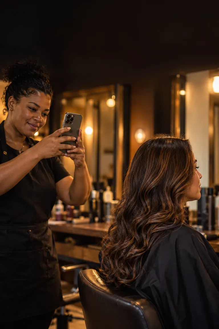 Cabeleireira fotografando com o iPhone o cabelo que acabou de fazer em uma cliente.