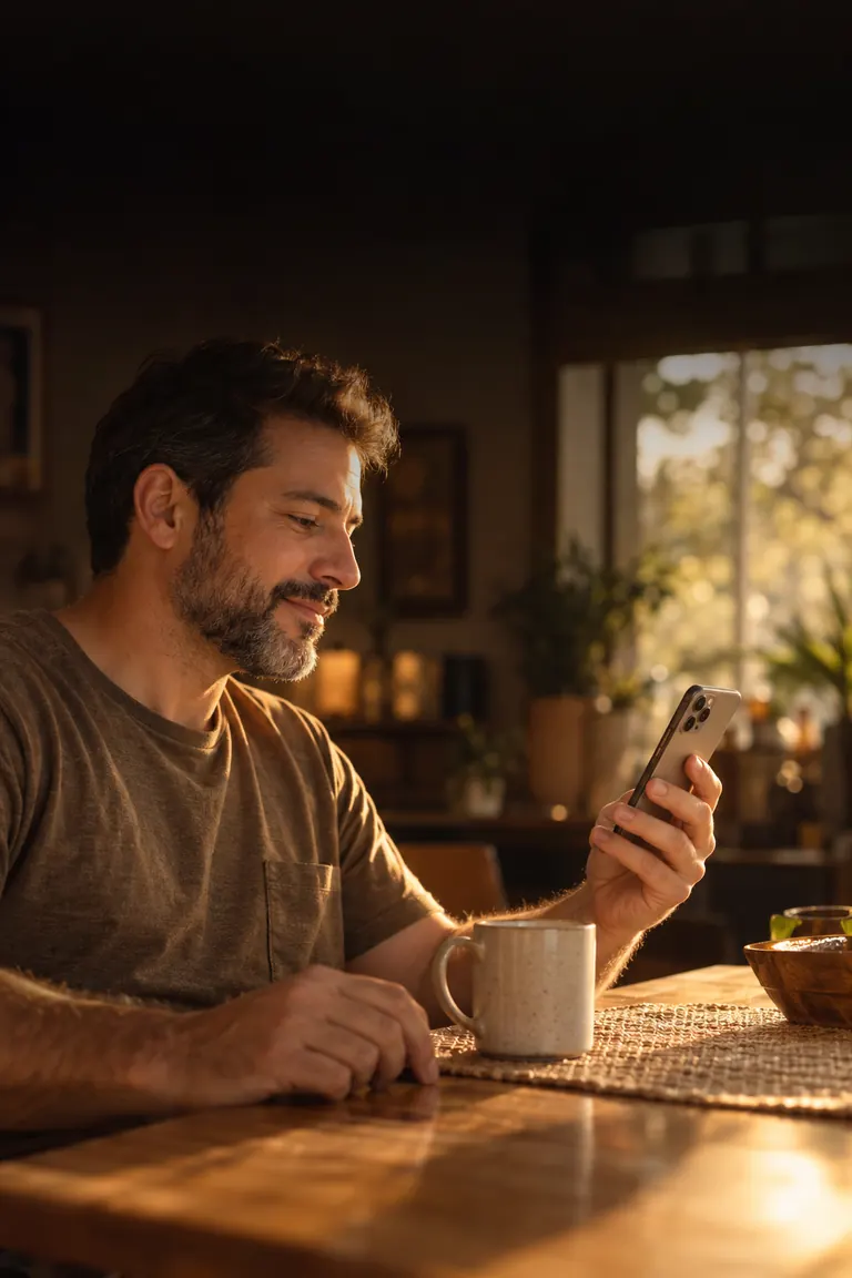 Homem tranquilo tomando café à mesa enquanto usa o iPhone.